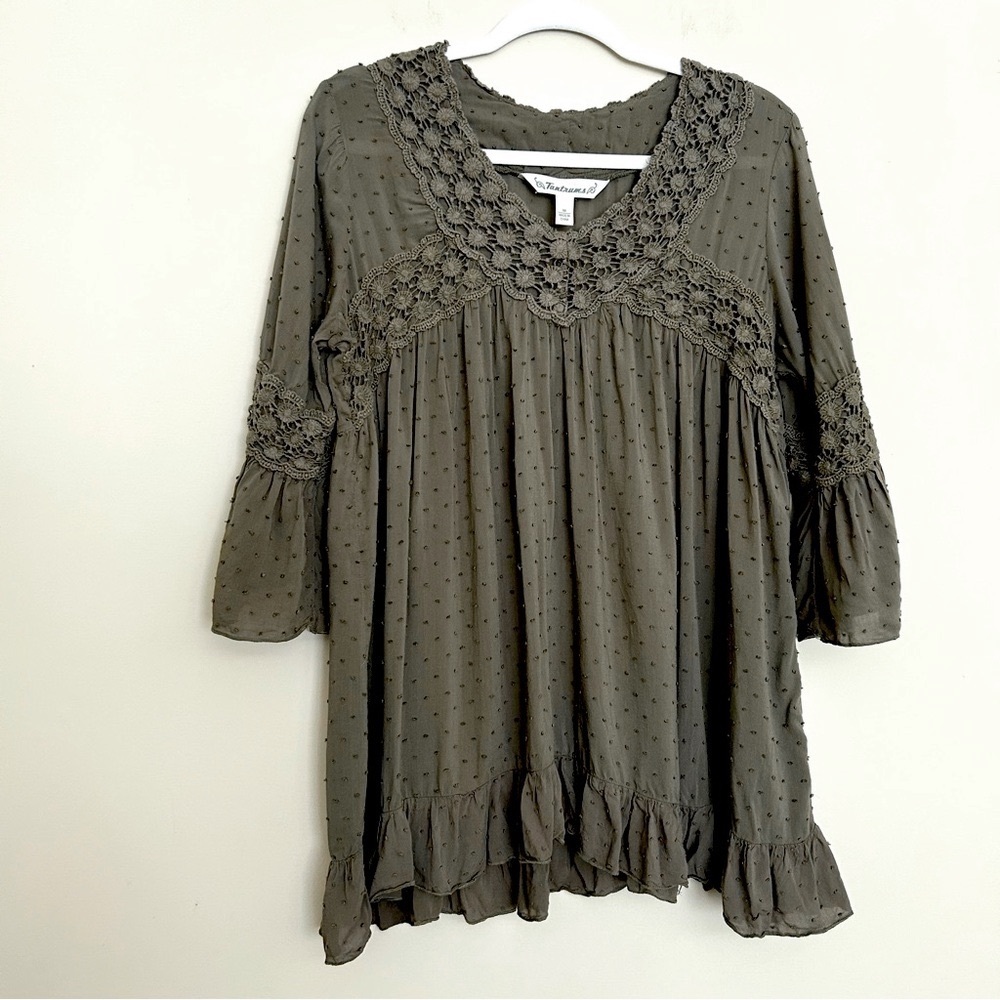 Tantrums Women’s Olive Green Lace Crochet Accent Blouse